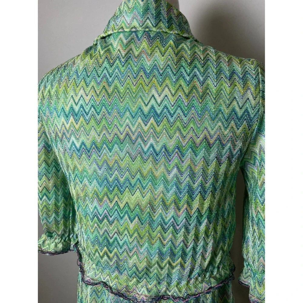 Vintage 70s Handmade Green Chevron Zigzag Knit Dress and Jacket Set Metallic